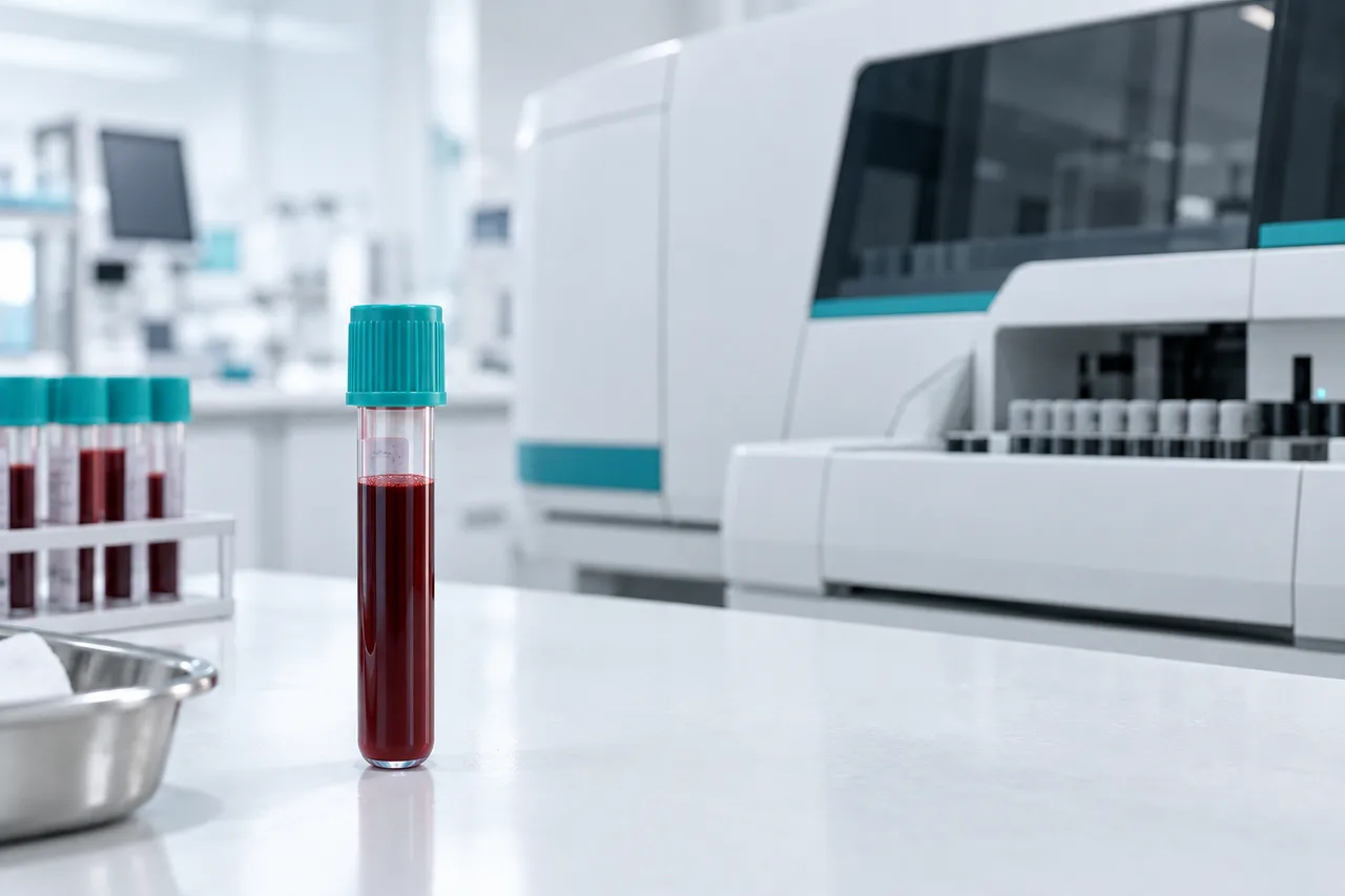 Пробирка с кровью на фоне лабораторного анализатора