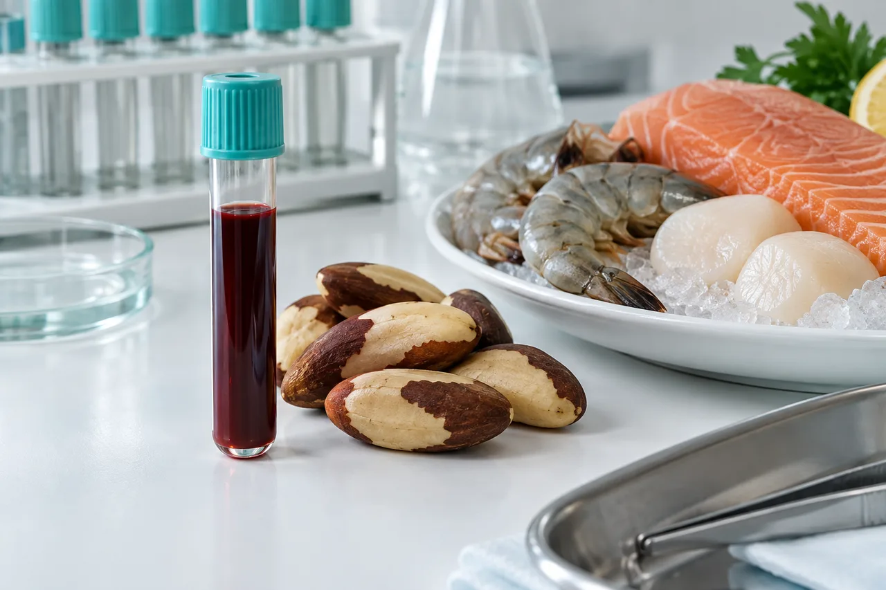Пробирка с кровью и продукты, богатые селеном