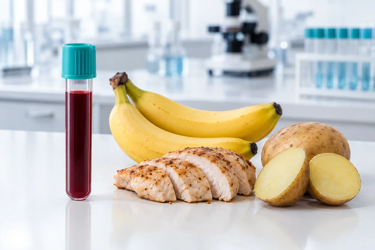 Пробирка с кровью и продукты, богатые витамином В6